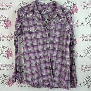 Rock 47 by Wrangler button down embroidery cross back Purple Plaid Casual Shirt